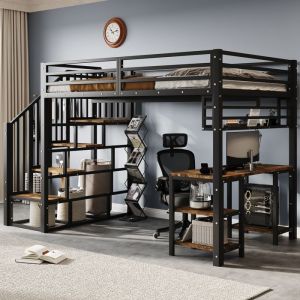 Lit Mezzanine en fer 120 x 200 cm  lit superposé avec Bureau et Escalier Sécurisé - Espace de Travail Intégré et Rangement  - Noir