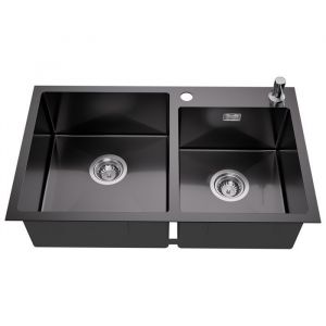 Évier de Cuisine - Inox - 2 Bacs - 75x45x19CM - Gris-noir - Distributeur de savon inclus