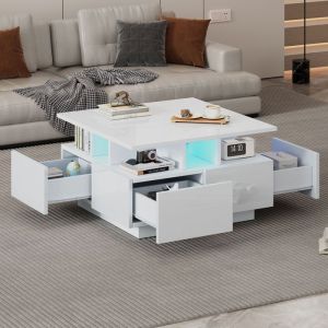 Table basse brillante blanc 70 x 70 x 40 cm Table basse carrée salon avec 4 tiroirs compartiments rangement et lumière LED - blanc