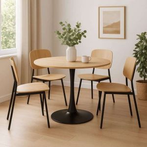 Table à manger ronde pour 4 à 5 personnes diamètre 100 cm finition mélamine imitation chêne base ronde en métal noir - TULIPS