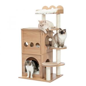 PAWZ Road Arbre a Chat en Bois Deluxe Arbre à Chat Design Moderne Poteau à griffer Grand Plateforme Grand Niche nid 120cm Beige