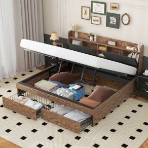 KoDise Lit coffre 180x200 cm Lit double Lit adulte - structure métal - avec tête de lit rangement et 2 tiroirs - bois et noir