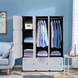 Armoire de Chambre Rangement avec 2 tringles à vêtements12 Cubes 4 étages Armoire Portable DIY Modulaire en Plastique