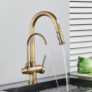 Robinet de Cuisine  3 Voies en Laiton Antique mitigeur de Cuisine extractibles &agrave; Double poign&eacute;e mitigeur d&eacute;vier Robinet de