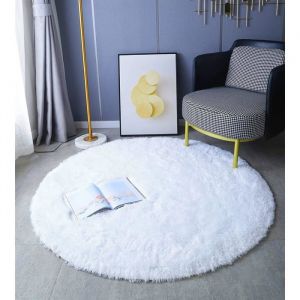 Tapis rond &agrave; poils longs pour salon chambre salle &agrave; manger ou chambre denfant. Tapis antid&eacute;rapant (blanc 120 cm x 120 cm).