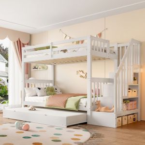 Lit superpos&eacute; 90x200cm &eacute;tag&egrave;re d&rsquo;escalier en pin et MDF Lit enfant &eacute;quip&eacute; d&rsquo;un lit &agrave; roulettes extensible garde-corps haut blanc