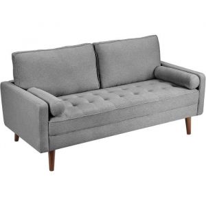 Canap&eacute; 3 Places en Tissu  Lin VeloursFauteuil Scandinave avec 2 Coussins pour SalonPied en Bois Massif77x173x84cmGris