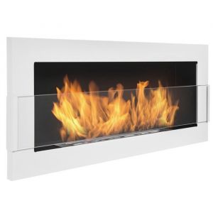 Chemin&eacute;e bio &eacute;thanol blanche de 90 cm avec vitre. Cheminee bioethanol murale.