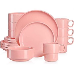 LOVECASA S&eacute;rie SWEET KDS-10 Service Complet de Table 16 pi&egrave;ces bord deboutempilableen porcelaine pour 4 Personnes - Rose