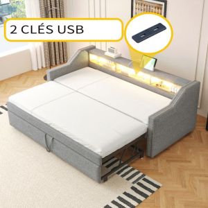 Lit gigogne 90/180x190 cm rangement multifonction éclairage LED et port USB Gris Clair + Toile de