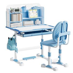 Bureau enfant avec chaise - ensemble bureau et chaise r&eacute;glable - support lecture tablette &eacute;tag&egrave;re - bleu