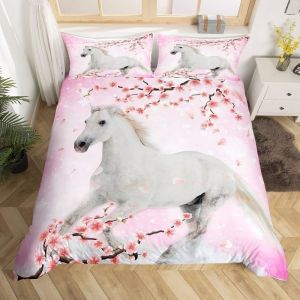Housse de Couette220x240 Cheval pour Garçons Filles Femmes Housse Couette Fleur de Cerisier RoseEnsemble de Literie Parure de Lit