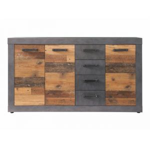 INDY - Meuble chambre. Commode avec 4 tiroirs en mélaminé coloris gris ciment portes bois effet vieilli. L - H - P : 151 - 86 - 37