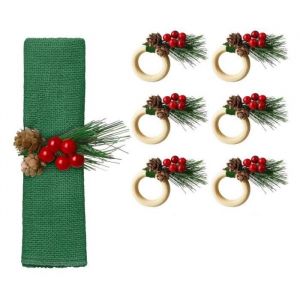 Rond de serviette - D&eacute;coration de No&euml;l - 6 pi&egrave;ces - Bois - Forme de pomme de pin - Vert et rouge