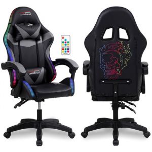 Si&egrave;ge gaming Amstrad AMS-800-LED-SKRAIN - simili cuir noir et gris - Eclairage LED 358 effets - Serigraphie T&ecirc;te de mort