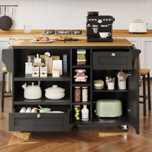 Desserte de Cuisine à RoulettesBuffet de CuisineChariot Ilot de Cuisine2 Tiroir+1Porte+Étagère+Porte-Serviette129x46x92cm Noir