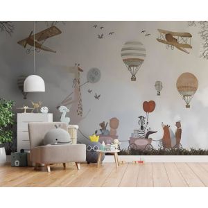 Papier Peint Chambre Enfant 360x250 cm 3D Effet Monde de Lenfance Animaux Ballons Avions pour Gar&ccedil;on Fille Papier Peint intiss&eacute;