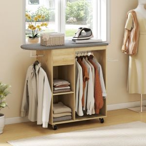 Armoire &agrave; repasser en bois table &agrave; repasser avec roulettes barre de suspension &eacute;tag&egrave;re 125 x 435 x 1025 cm bois naturel