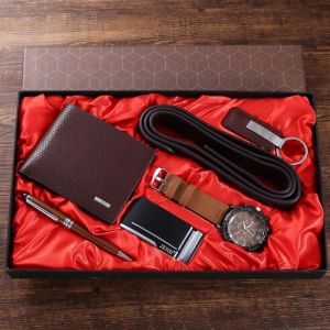 Coffret montre homme + ceinture + portefeuille + porte-cl&eacute;s + stylo -lot de 5 coffret cadeau homme luxe