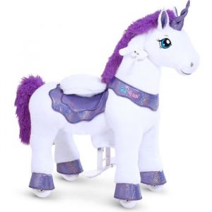 Porteur à roulette - PONYCYCLE - Modèle E Peluche Licorne à Bascule - 4 roues - Frein - Violet