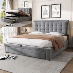 Lit 140x190 cm avec 2 tiroirs lit coffre 140x190 cm avec sommier à lattes en bois tissu en velours style européen simple gris