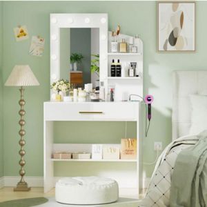 Coiffeuse dangle - XUANYU - Coiffeuse miroir et led Avec 1 Tiroirs + 3 étagères Ouvertes - 80x40x145.5cm - Blanc