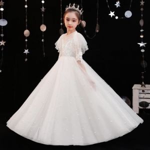 Robe de Cérémonie Fille en Tulle Manches Courtes Robe Longue Princesse de Soirée Couleur Unie 1-12 Ans - Blanc