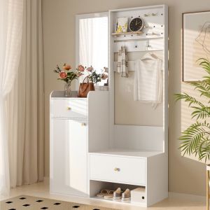 Vestiaire d’entrée design moderne avec miroir et rangement fermé – Meuble 2 tiroirs et crochets réglables – 105x38x180 cm – Blanc