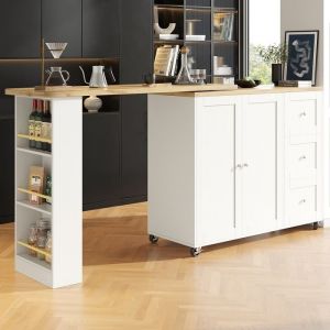 Table De Bar Extensible Pivotante Table Debout Table Haute Avec 3 Tiroirs 3 &Eacute;tag&egrave;res 2 Portes Et Roulettes -