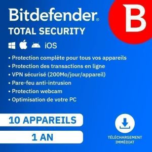 Bitdefender Total Security 2026* - (10 Appareils - 1 An)  Renouvellement automatique  Version T&eacute;l&eacute;chargement