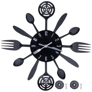 Horloge murale de cuisine noire amovible moderne couverts cuisine cuillère fourchette horloge murale décoration de la maison