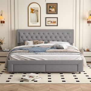 Lit coffre 180x200 cm avec 2 tiroir Lit 180x200 cm avec sommier &agrave; lattes Lit adulte 180x200 cm Rangement Velours Gris