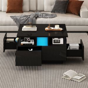 Table Basse Carrée avec LED et 4 Tiroirs Petite Table Basse Salon Table Basse Noir Haute Brillance Table DAppoint 70x70x40cm