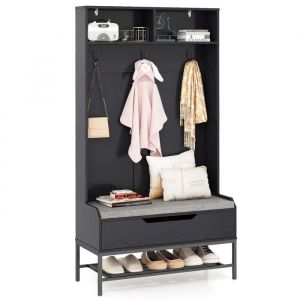 Porte-manteau 4 en 1 COSTWAY-170 cm avec Banc & Coussin-Compartiment Ouvert-Crochet-Rangement à Chaussure-Kit Anti-basculement-Noir