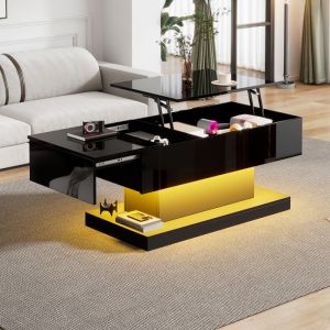 Table Basse LED 100x50x45cm - Plateau Élévateur Hydraulique & Design Coulissant - Espace Rangement & Éclairage Moderne