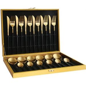 Kit de Coutellerie couverts de table range 24 pièces en inox avec fourchette à cuillère poli miroir et allant au NOIR  OR
