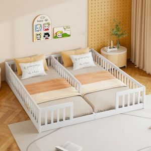 Lit enfant 90 x 200 cm*2 lit capitonné avec sommier à lattes avec barrières de sécurité pin style minimaliste - blanc