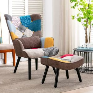 Fauteuil Patchwork Scandinave Salon POUF et Oreiller lombaire CADEAU Pieds Bois Massif Housse en Lin Multicolore