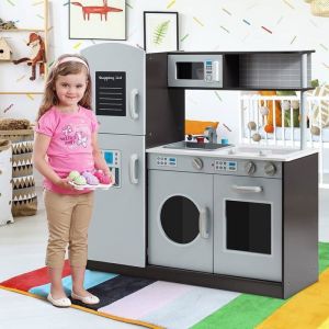 Cuisine Enfant en Bois - GOPLUS - Jouet éducatif - Effect Sonore & Nombreux Accessoires - Cadeau pour Enfant 3 à 8 Ans - Girs