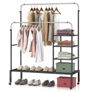 Portant à Vêtements COSTWAY en Métal à 2 Barres Solide  avec Étagère à Chaussures Argent et Noir