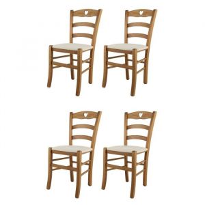 Tommychairs - Set 4 Chaises cuisine CUORE structure en bois de h&ecirc;tre peindr&eacute; ch&ecirc;ne assise en tissu couleur ivoire