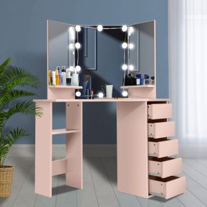 Coiffeuse dAngle Rose avec Miroir et LED - ELOKLEM - Coiffeuse Meuble 5 tiroirs et étagère-Bureau Coiffeuse Style Moderne