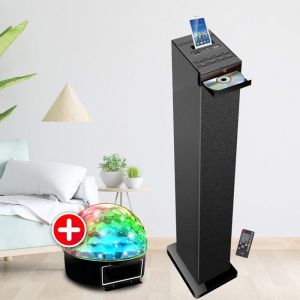 Tour de son Hifi 60W noire avec lecteur CD, Bluetooth, FM et USB, Télécommande, Jeu de lumière Boule LED, Colonne Chambre Salon