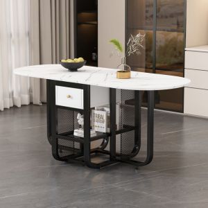Table À Manger Extensible Pliante 3 Formes (blanc+noir) - Multifonction Avec Rangement & Tiroirs - Transformable En Table Basse