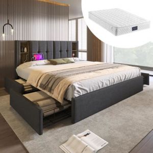 Lit Coffre Double 160x200 - FOTOPRO - Avec Tiroirs - Bois Massif - Gris