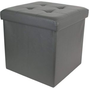 Pouf de Rangement - Simili Cuir - Pliable - 38 x 38 x 38 cm - Gris Fonc&eacute; - 1 place