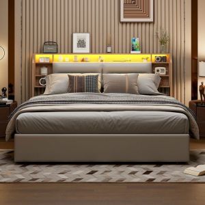 Lit 160x200 cm avec LED Lit Coffre 160x200 cm avec Rangement et Tete de Lit Lit 2 Personne Lit Capitonné Lit Double en PU Blanc