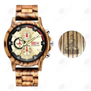 Montre - HTBE® - Montre en bois de zèbre - Multifonctionnelle - Sport - Acier inoxydable