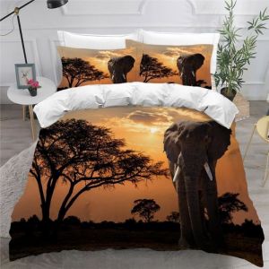 Parure De Lit 220x240cm Adulte 3D Motif éléphant Housse De Couette Microfibre 2 Personnes avec Fermeture Éclair Afrique Animaux