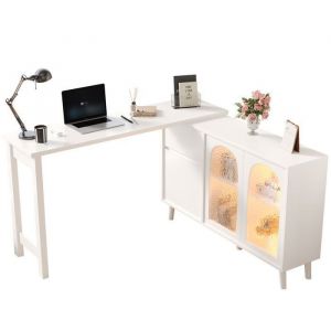Bureau dangle 360&deg; pivotant Bureau avec Rangement avec Tiroirs et 2 Armoire Bureau Blanc en L avec Vitrine LEDbureaux Dangle